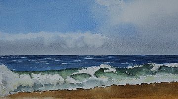 Aquarelle représentant des vagues déferlant sur le rivage