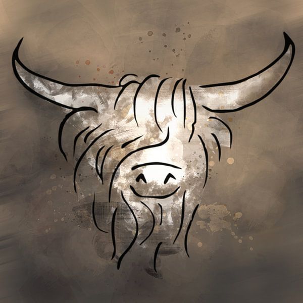 Digitaal kunstwerk - Schotse Hooglander inkt en krijt van Emiel de Lange
