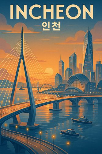 Zonsondergang Incheon waterkant - Moderne bruggen & Skyglow Reflecties