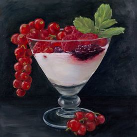 dessert aux groseilles, framboises et menthe, peinture à l'huile sur Astridsart