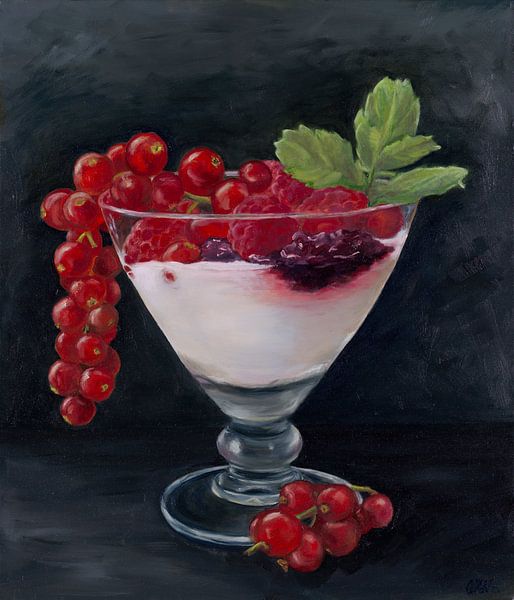 Dessert mit Johannisbeeren, Himbeeren und Minze, Ölgemälde von Astridsart