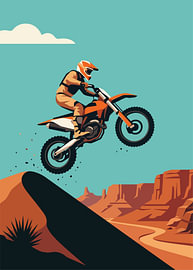 Motocross-Fahrer springt über eine Düne, im Hintergrund ein Wüstencanyon, flache Vektorgrafik von Adam Khabibi