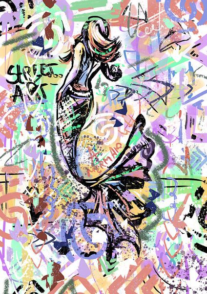 Kleurig graffiti kunstwerk zeemeermin met een sierlijke staart van Emiel de Lange