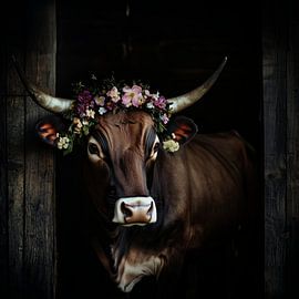 Rustikale Kuh mit Blütenschmuck im Stall von MArt