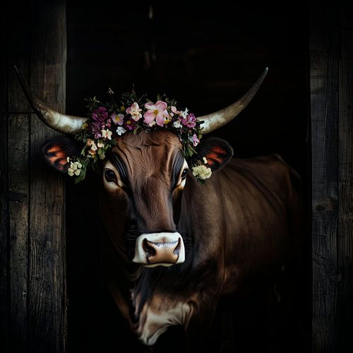 Rustieke koe met bloemdecoraties in de stal