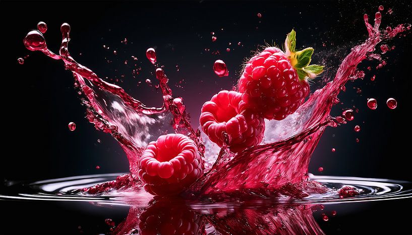 Frambozen in water met druppels van Mustafa Kurnaz
