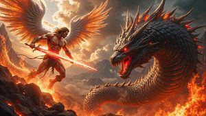 Dark Fantasy Wandbild: SERAPHOR - Ein Erzengel kämpft gegen ein Monster aus der Hölle