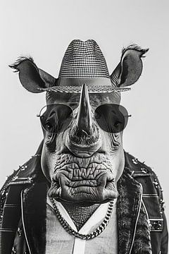 Neushoorn met hoed en zonnebril, zwart en wit van Felix Brönnimann