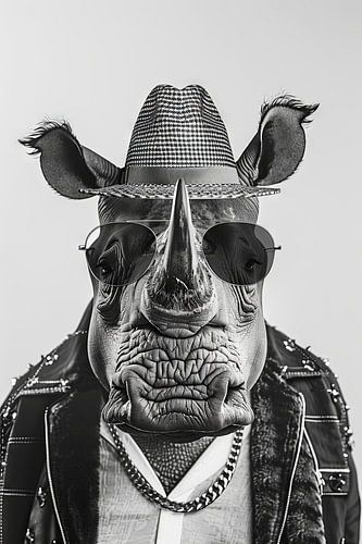 Rhinocéros avec chapeau et lunettes de soleil, noir et blanc