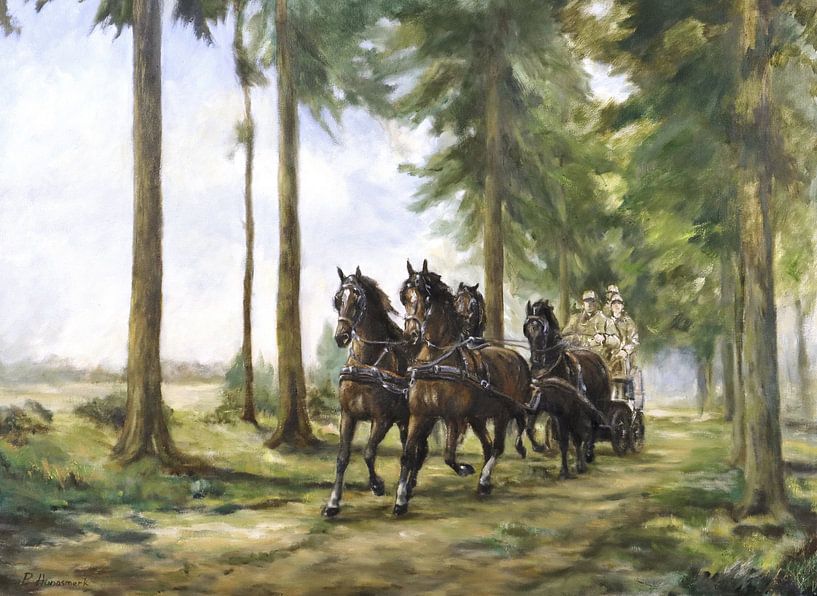 Pferde in einem Vierergespann auf dem Waldpfad von P.A. Hondsmerk