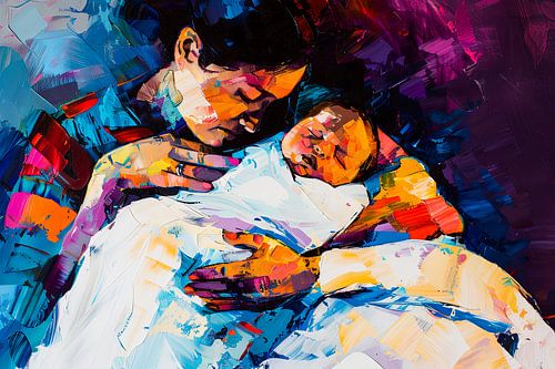 Digitaal abstract schilderachtig portret fictieve vrouw en kind