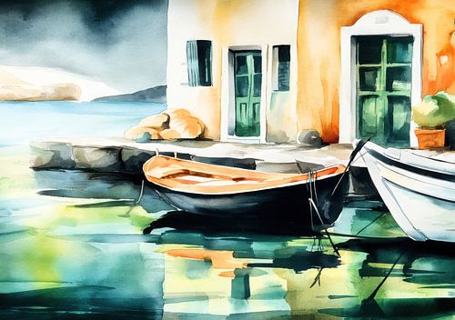 Haven met boot - aquarel