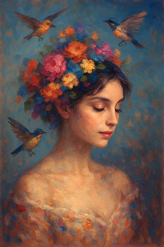 Schilderij van een vrouw met vogels en bloemen in het haar