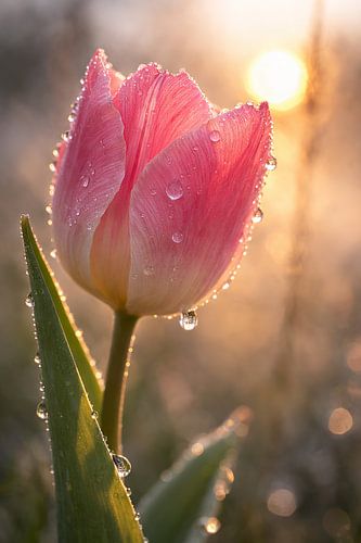 Tulip in the morning light with sparkling dewdrops