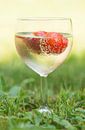 Een glas vol zomer (cocktail van wijn en een aardbei in glas met druppels) van Birgitte Bergman thumbnail