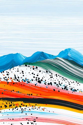 Paysage montagneux abstrait avec des sommets bleus et des lignes colorées