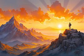 Wandelaar staand op bergtop bewondert dramatische zonsondergang over oc van Markus Gann