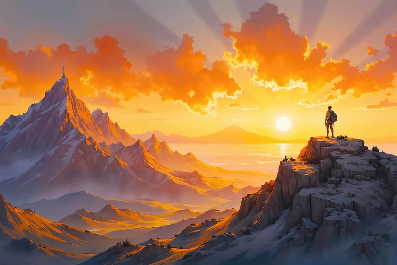 Wanderer steht auf einem Berggipfel und bewundert den dramatischen Sonnenuntergang über dem Meer von Markus Gann