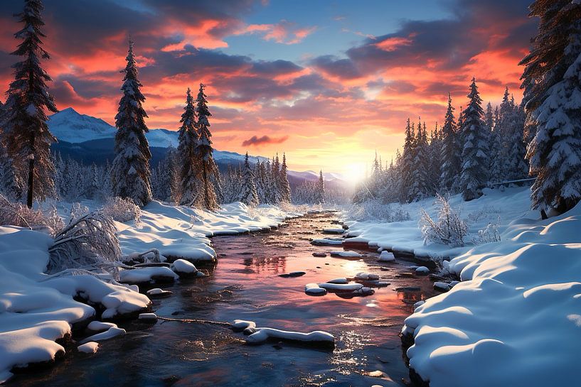 Magisch winterlandschap met bomen en rivier van Animaflora PicsStock