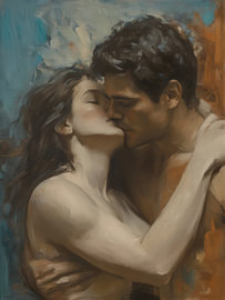Verbotene Romanze – Leidenschaftlicher Kuss, romantisches Gemälde über verbotene Liebe von Hilde Remerie – Digitale Kunst, Bauhaus & Fotografie