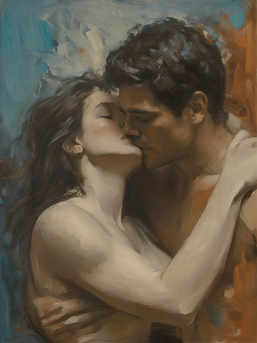 Verbotene Romanze – Leidenschaftlicher Kuss, romantisches Gemälde über verbotene Liebe
