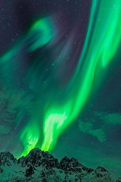 Noorderlicht of Aurora Borealis over de besneeuwde bergen in de winter