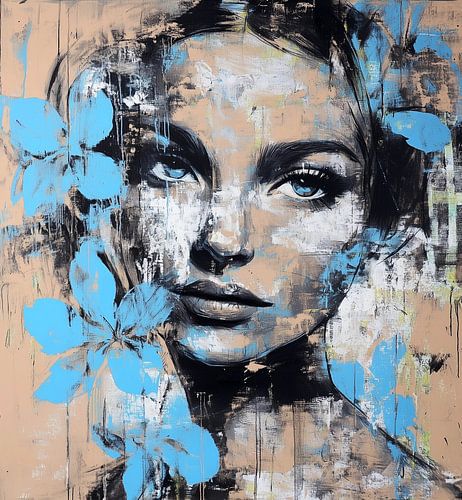 Portrait féminin abstrait avec des fleurs bleues expressives