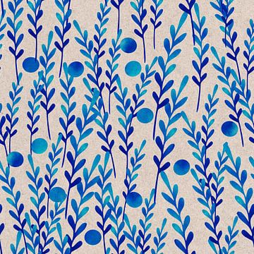 Blauwe bessen en bladeren. Vintage look botanische illustratie van Dina Dankers