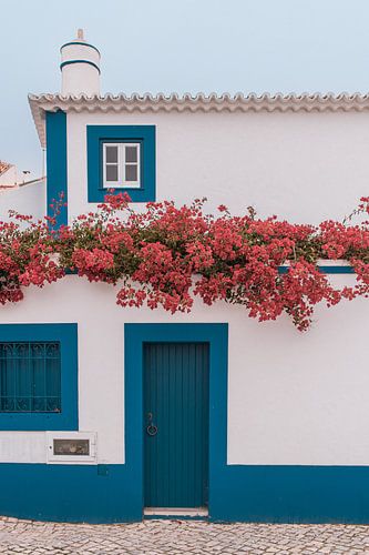 Blauw en wit huis met roze bloemen in Ericeira, Portugal | Reisfoto