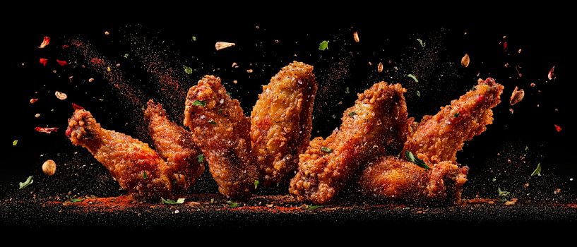 Kross gebratene Hähnchenflügel im Fokus von Poster Art Shop