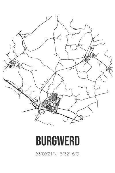 Burgwerd (Fryslan) | Landkaart | Zwart-wit van Stad & Wand