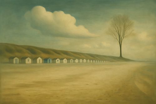 Strandlijn met huisjes en een eenzame boom