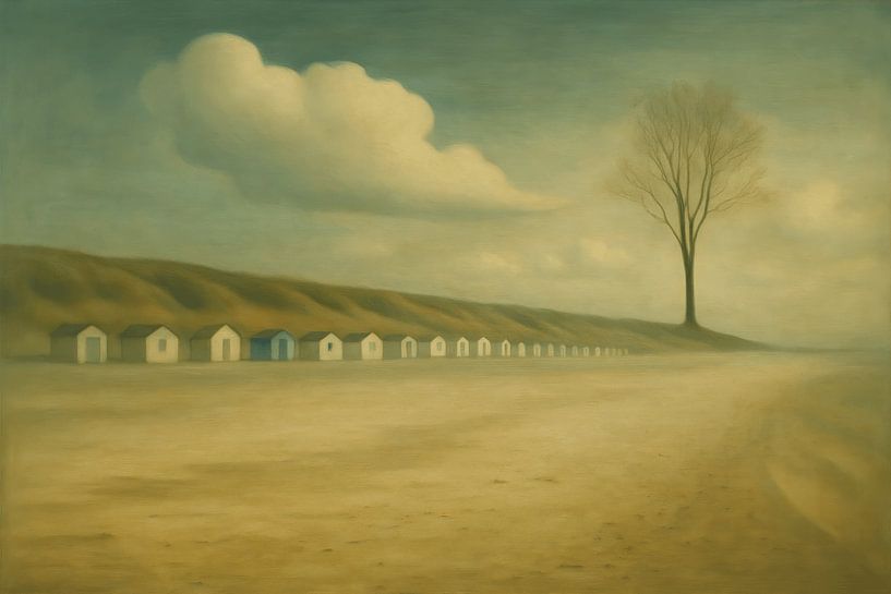 Ligne de plage avec des chalets et un arbre isolé par Thijs Schouten