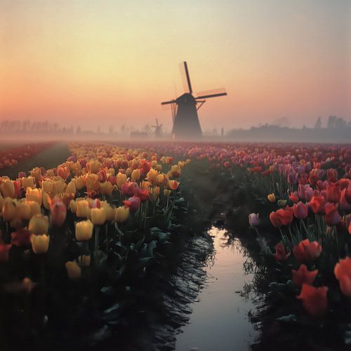 Tulip Fields at Sunrise with Windmill