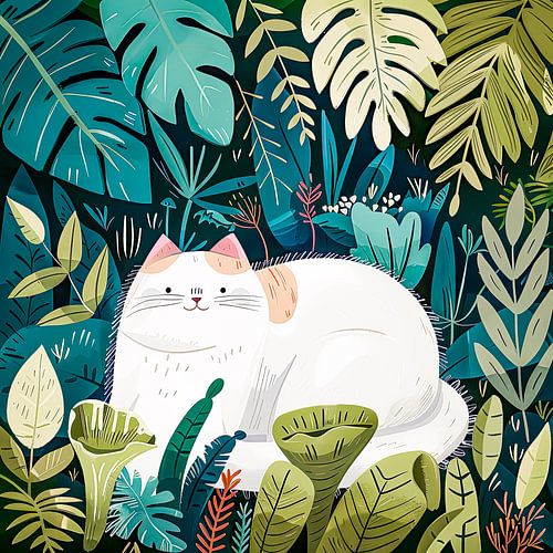 Unique cat art with green leaves