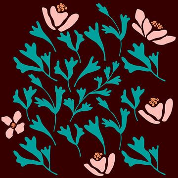 Marché aux fleurs. Art botanique moderne en rouge vin, turquoise et rose sur Dina Dankers