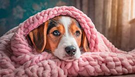 Dog under a warm plaid at home