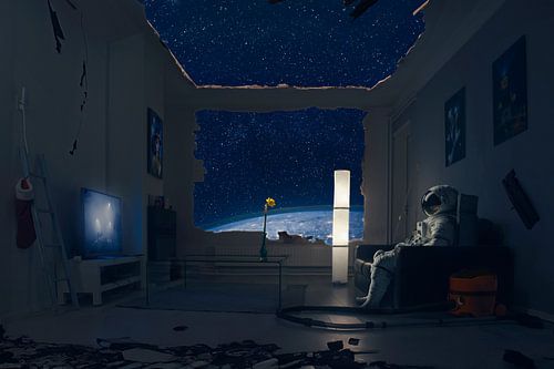 Salon abandonné dans l'espace : Astronaute et nostalgie cosmique dans la manipulation de photos