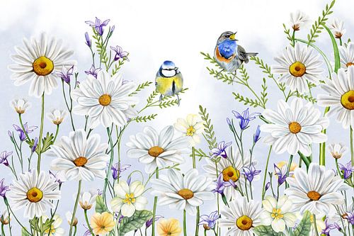 Des fleurs en été avec des oiseaux sur Geertje Burgers