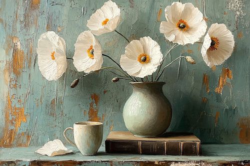 White Poppies in rustic Green no.2