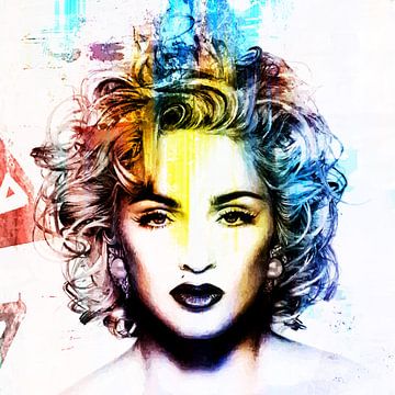 Madonna Vogue Abstrakt Porträt Blau Rot Gelb von Art By Dominic