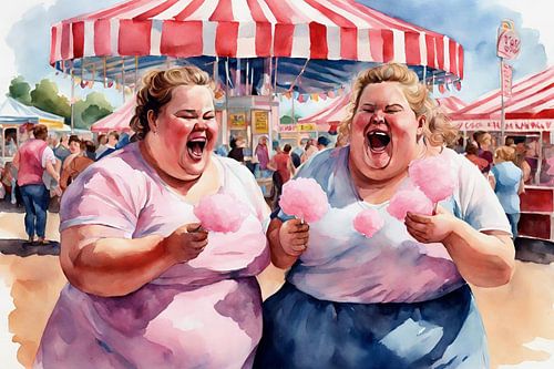 2 gezellige dames op de kermis met een suikerspin