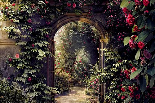 View through romantic rose garden