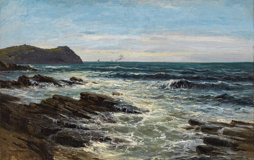Carlos de Haes-Blue Sea, Sea Reef, Waves, Reef View, Antique Landscape by finemasterpiece