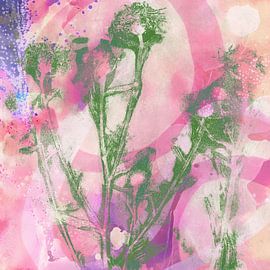 Modern abstract botanical art. Green flowers on pink and purple watercolor. by Dina Dankers