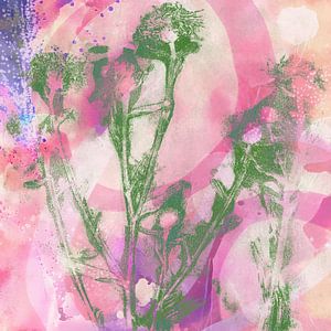 Moderne abstrakte botanische Kunst. Grüne Blumen auf rosa und lila Aquarell. von Dina Dankers
