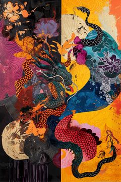 Œuvre d'art abstraite artistique dans de nombreuses couleurs différentes et des tons asiatiques sur Digitale Schilderijen