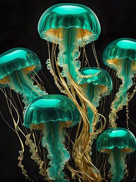 Jellyfish in green and gold by Retrotimes