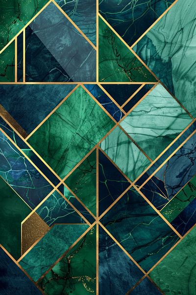 Groene abstracte kunst met gouden lijnen van Digitale Schilderijen