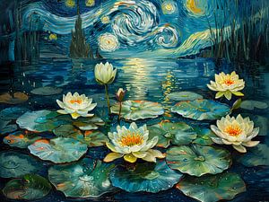 Étang aux nénuphars dans la nuit étoilée